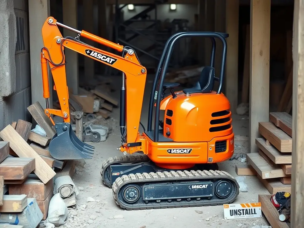 A compact mini excavator in a narrow construction site.